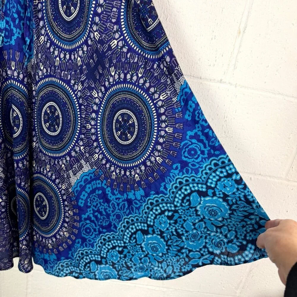 Blue Floral Skirt‎ Asymmetric Tie Waist Smocked Whimsigoth Gypsy Fairy Grunge S